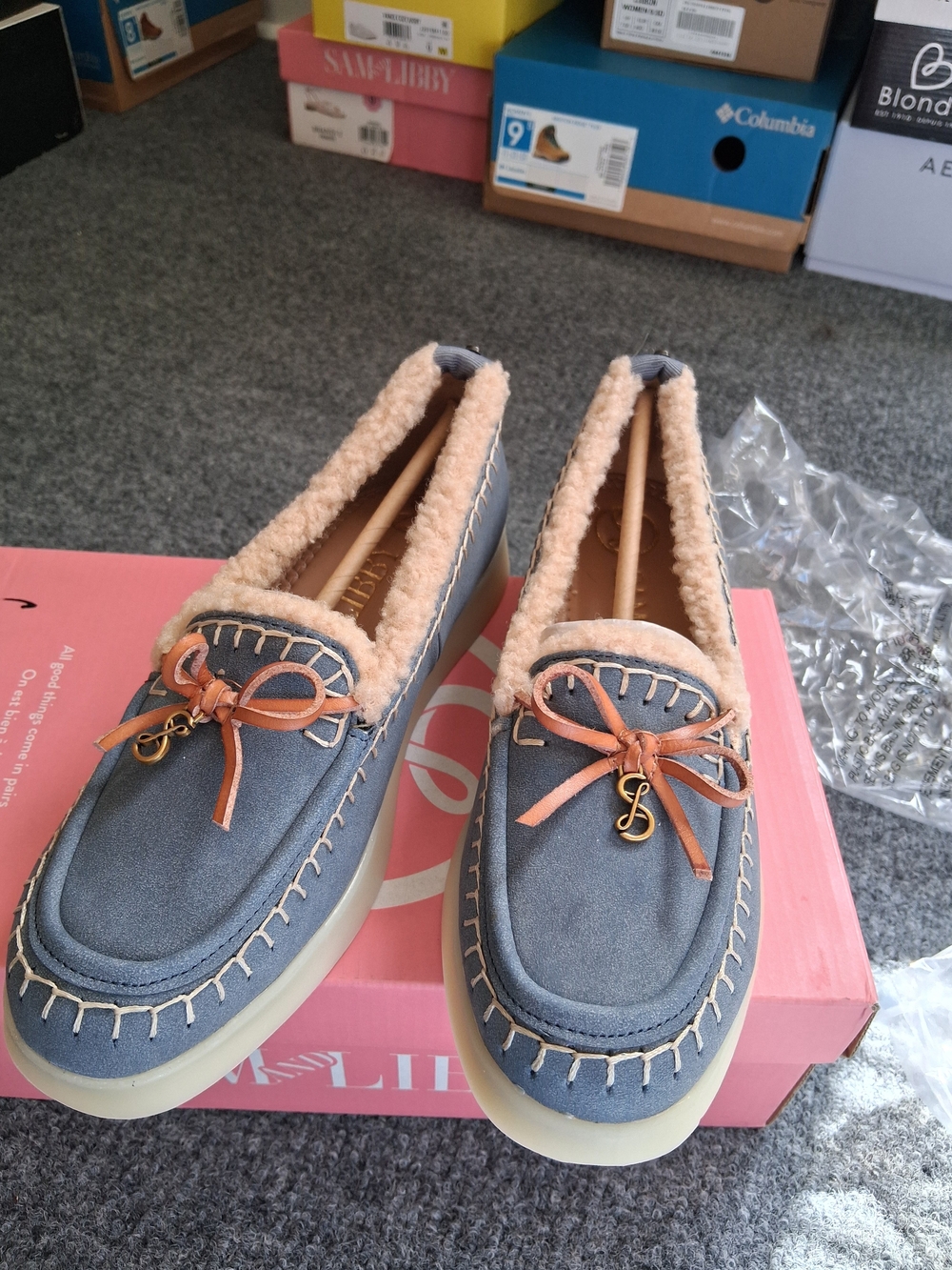 Sam And LIBBY Suede Shearling Lined Blue Moccasin Loafers US SIZE 6 New W/box